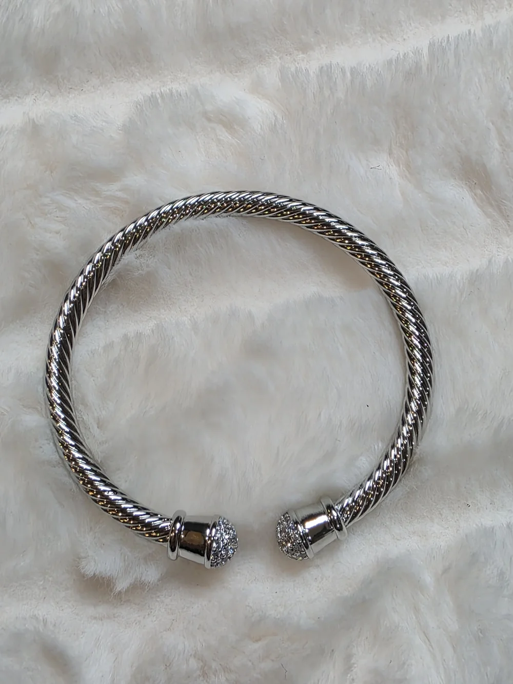 Silver Rope Cable Open Cuff Bracelet with Pavé End Caps